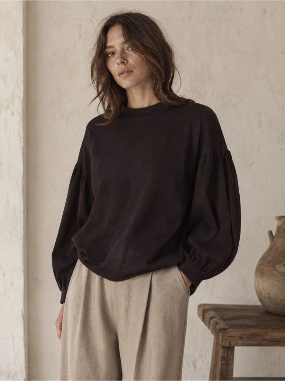 Vestige Story Dark Brown Organic Cotton Blend Balloon Sleeve Sweatshirt One Size
